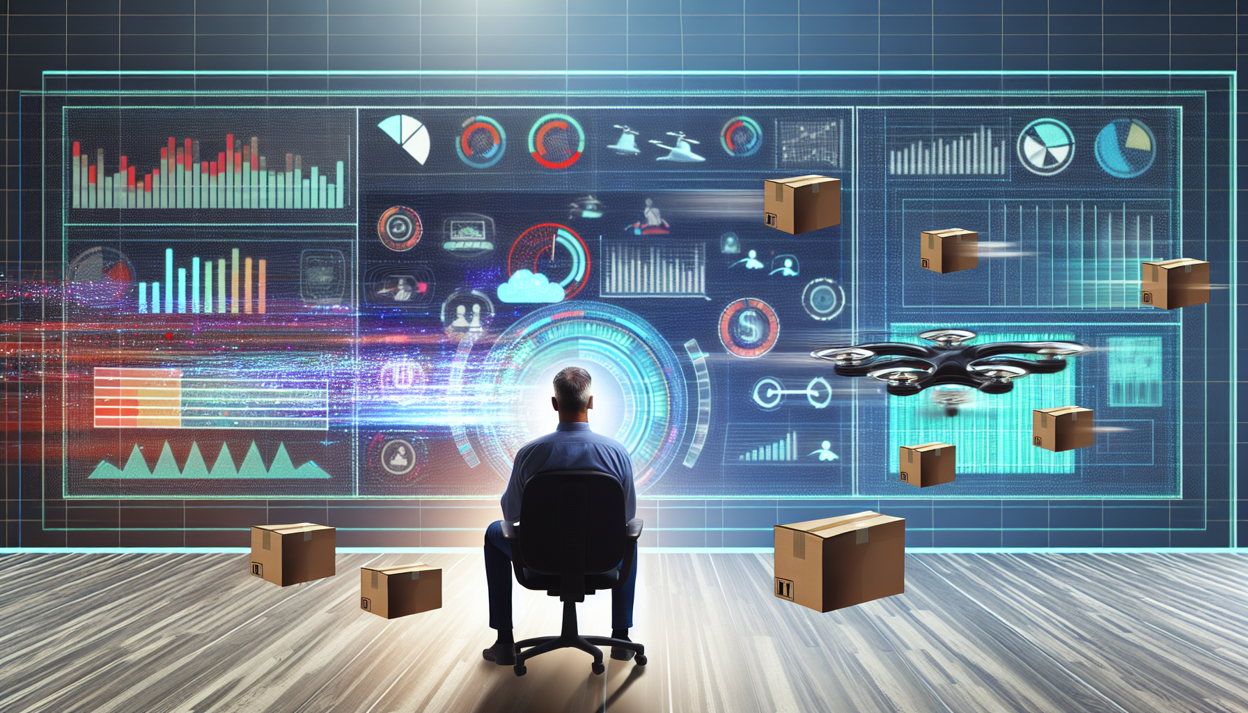 Visualisieren Sie ein abstraktes Konzept des Geldverdienens online. Die Szene zeigt ein futuristisches BÃ¼ro, in dem ein mittelalterlicher kaukasischer Mann vor einem groÃŸen Bildschirm sitzt, der mit grafischen Informationen und Analysen gefÃ¼llt ist. Daten flieÃŸen um ihn herum und symbolisieren die Echtzeit-Interaktion mit digitalen MÃ¤rkten und E-Commerce. Stellen Sie moderne technologische GerÃ¤te wie Drohnen vor, die reibungslos Pakete liefern und E-Commerce symbolisieren. Er Ã¼berprÃ¼ft Tortendiagramme, Balkendiagramme und Zahlen, die digitale Leistungsindikatoren darstellen. Eine Aura von Hingabe und Triumph umgibt ihn. Denken Sie daran, eine insgesamt optimistische und technologieorientierte AtmosphÃ¤re zu bewahren.