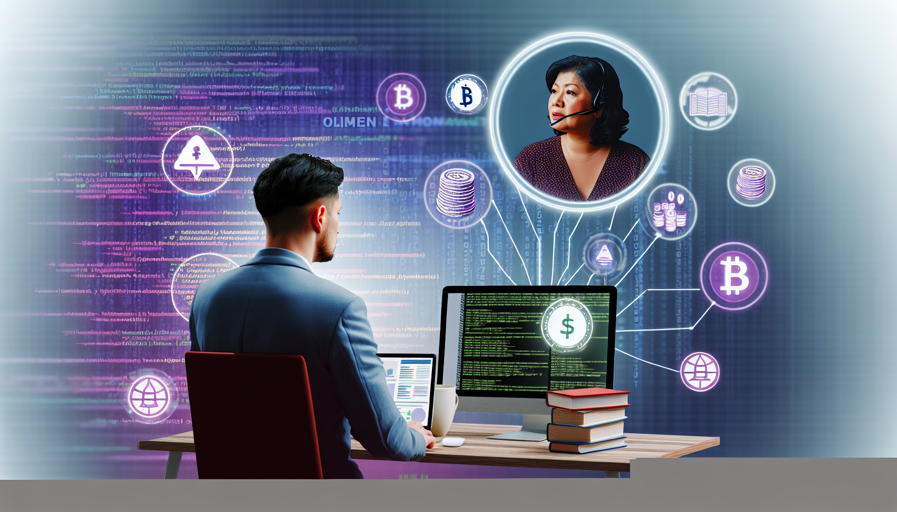 Eine Visualisierung von Online-Geldverdienstrategien. Im Vordergrund sitzt ein kaukasischer Mann an seinem Computer und arbeitet fleißig an seinem Internet-Start-up, während Website-Codes auf dem Bildschirm sichtbar sind. Im Hintergrund ist eine südasiatische Frau zu sehen, die ein Webinar auf ihrem Laptop hält und virtuelle Teilnehmer durch ihr E-Commerce-Tutorial führt. Umher verteilt sind Symbole für E-Books, Affiliate-Marketing, virtuelle Aktien und Kryptowährungen, die verschiedene Möglichkeiten repräsentieren, online Geld zu verdienen.