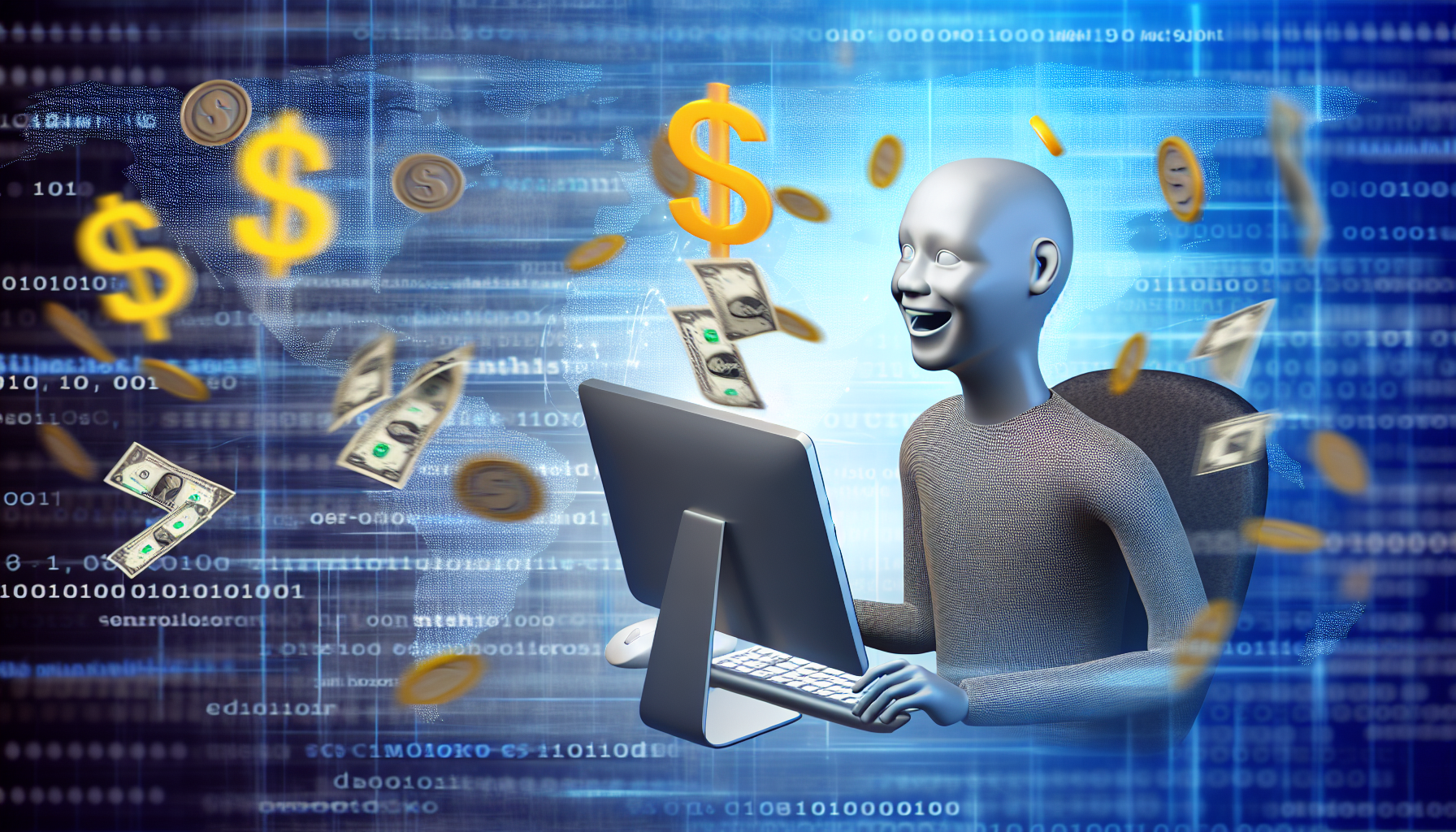 Visualisieren Sie das Konzept, online Geld zu verdienen. Zeigen Sie einen generischen und ethnisch neutralen Menschen an einem Computer, der in einer digitalen Umgebung vertieft ist, die das Internet symbolisiert. Die Person ist fröhlich mit der Arbeit am Computer beschäftigt, vielleicht beim Beantworten von E-Mails oder beim Erstellen digitaler Inhalte. Daten, Dollarzeichen und Münzen fließen vom Computerbildschirm, was die erfolgreiche Generierung von Einkommen online anzeigt. Der Hintergrund könnte verschiedene Aspekte der Online-Arbeit ausdrücken, wie E-Commerce, soziale Medien, Blogging oder Freiberuflichkeit.