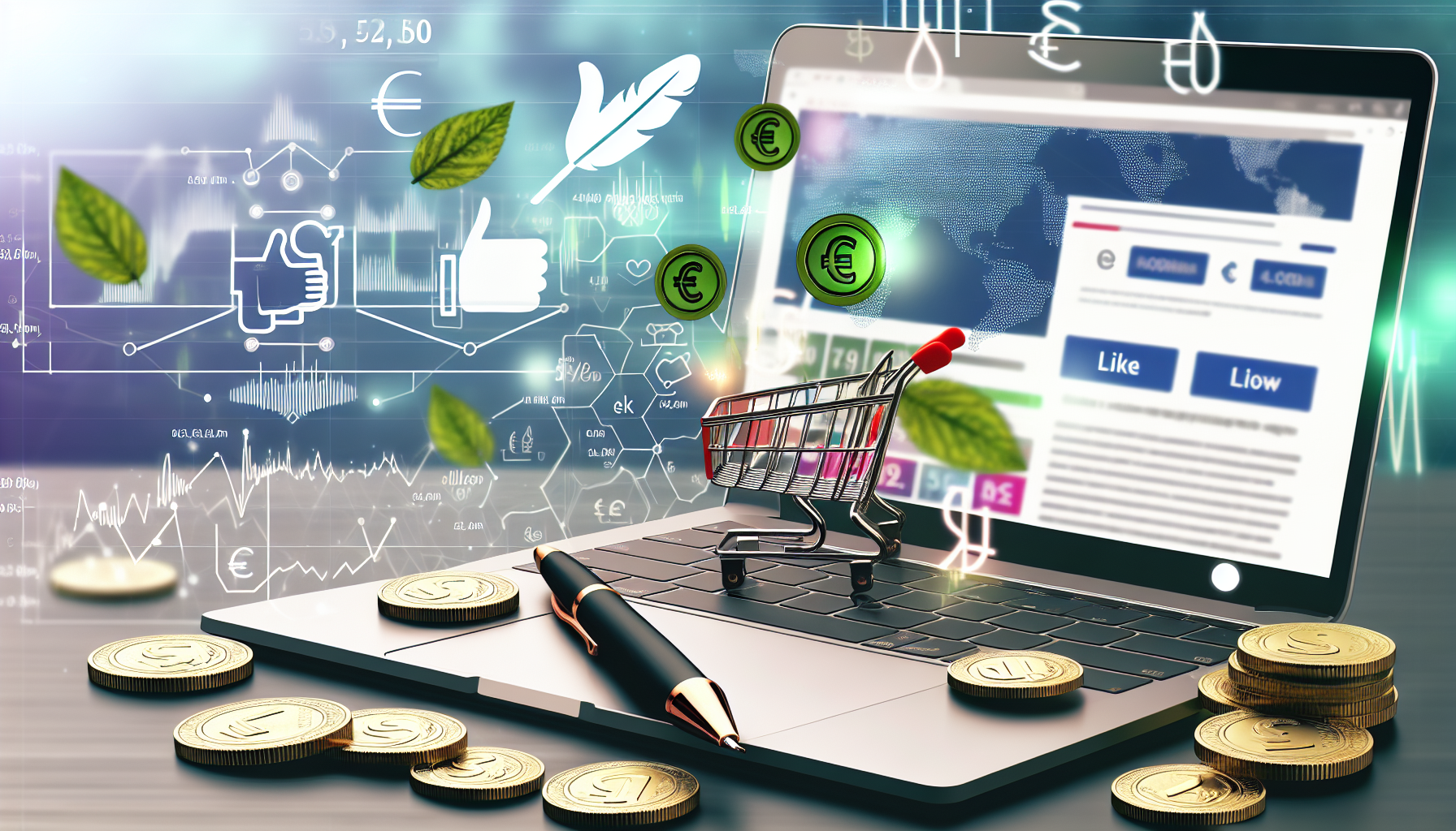 Ein Laptop, der auf eine innovative Website mit verschiedenen Finanzdiagrammen, Grafiken und Indikatoren geöffnet ist. Rund um den Laptop sind verschiedene Symbole für das Geldverdienen online dargestellt, darunter ein Einkaufswagen für Online-Shops, ein Daumen-hoch-Symbol für sozialen Einfluss und ein Federkiel für das Schreiben von Blogs. Im Hintergrund sind verschiedene geprägte Münzen mit einem Eurozeichen, einem Dollarzeichen und einem Pfundzeichen zu sehen. Auf dem Laptop-Bildschirm sind Benachrichtigungen zu sehen, die erfolgreiche Finanztransaktionen anzeigen.