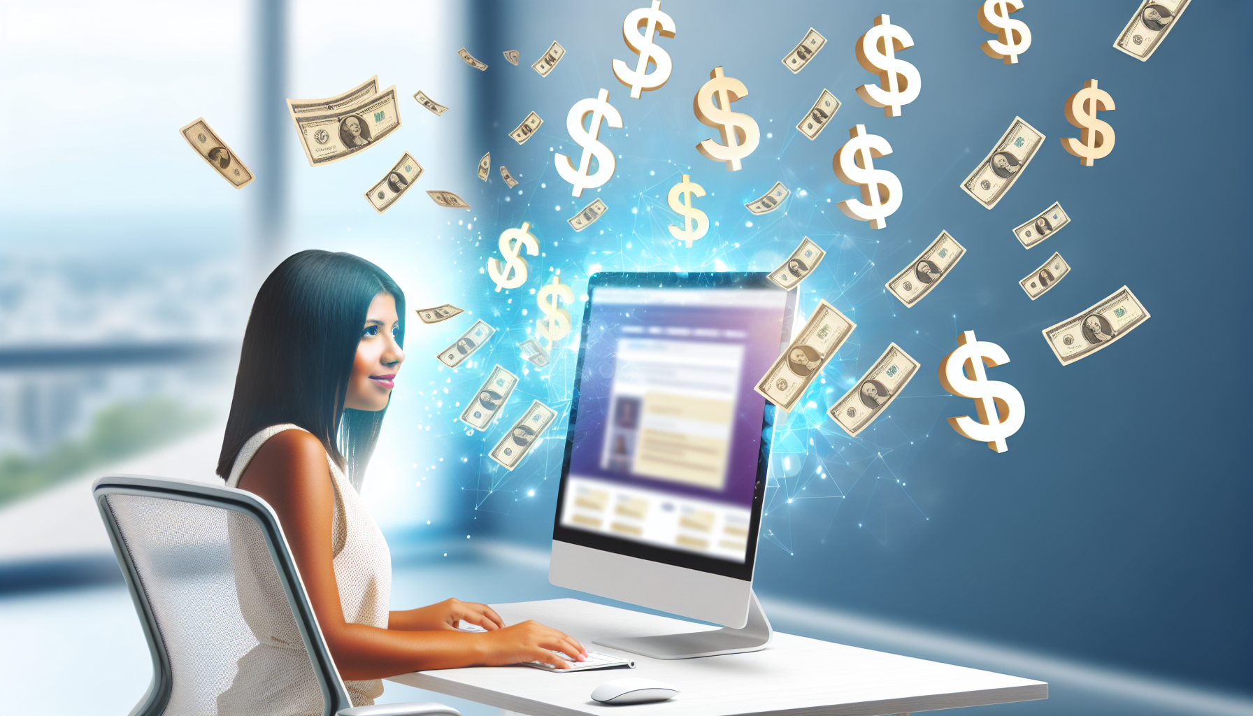 Eine illustrative Darstellung des Geldverdienens im Internet. Stellen Sie sich einen modernen, hellen Arbeitsplatz vor, an dem ein eleganter Computer eine erfolgreiche E-Commerce-Website anzeigt. Der Computer ist von verschiedenen Währungssymbolen umgeben, die herabregnen und Einkommenserzeugung symbolisieren. An dem Schreibtisch sitzt eine junge hispanische Frau, die sich intensiv auf ihre Aufgabe konzentriert und den Erfolg ihres Online-Unternehmens genießt.