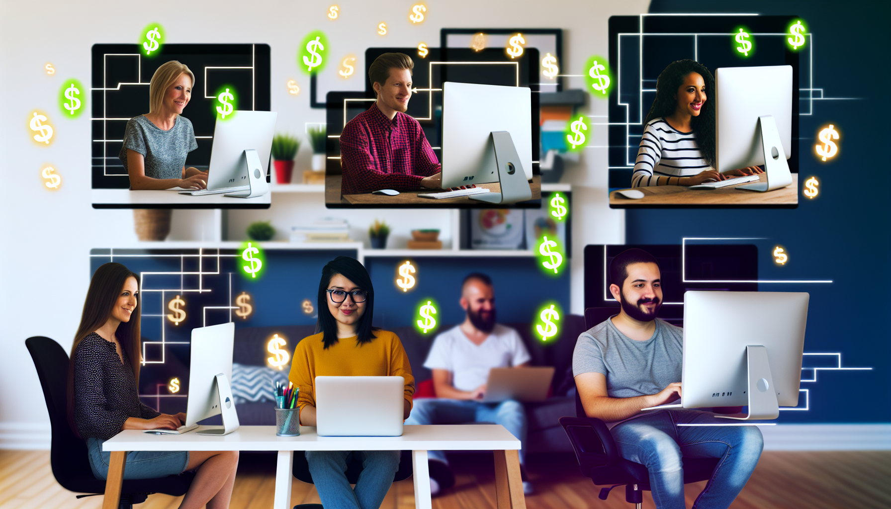Visualisieren Sie ein Konzept des Geldverdienens online. Stellen Sie eine vielfältige Gruppe von Personen dar, die vor Computerbildschirmen sitzen und verschiedene Online-Jobs verwalten. Inkludieren Sie eine kaukasische Frau, die Online-Unterricht gibt, einen hispanischen Mann, der im digitalen Marketing arbeitet, eine mittelöstliche Frau, die programmiert, und einen asiatischen Mann, der Grafikdesign macht. Verwenden Sie außerdem Symbole für Währungen, die von den Bildschirmen in ihre Hände schweben, um die Einnahmen zu betonen. Gestalten Sie die Umgebung als gemütliches Zuhause, um den Komfort des Arbeitens von zu Hause aus zu verdeutlichen.
