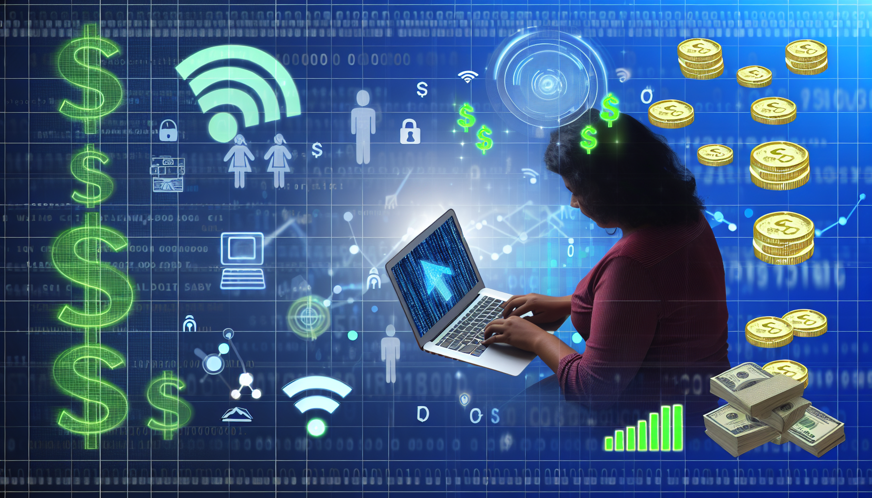 Ein Bild, das das Konzept des Geldverdienens online darstellt. Es gibt einen digitalen Raum mit verschiedenen Internetsymbolen wie WLAN-Signalen, Webbrowsern und sozialen Medien-Icons. In der Mitte sitzt eine Person unbestimmten Geschlechts mit hispanischem Hintergrund, die eifrig auf ihrem Laptop tippt. Auf dem Bildschirm sind Grafiken zu sehen, die einen Anstieg der Gewinne anzeigen. Rund um den Laptop befinden sich auch physische Symbole des Reichtums, wie Münzen und Geldscheine, die sich in digitalen Code verwandeln, was den Übergang vom traditionellen zum Online-Geldverdienen anzeigt.