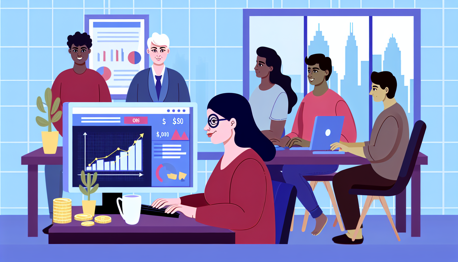 Eine Illustration, die das Konzept des Geldverdienens online zeigt. Auf dem Bild sitzt eine reife kaukasische Frau vor einem Computerbildschirm, der Grafiken und Geldbetr&Atilde;&curren;ge anzeigt. Die Frau ist konzentriert und tippt auf der Tastatur. In der N&Atilde;&curren;he sitzen auch s&Atilde;&frac14;dasiatische und hispanische M&Atilde;&curren;nner, jeder an seinem eigenen Computer. Sie befinden sich alle in einem Raum, der wie ein Homeoffice eingerichtet ist. Neben ihnen steht eine Kaffeetasse und ein Stapel M&Atilde;&frac14;nzen, die die Einnahmen symbolisieren. Vor ihrem Fenster ist die Skyline einer Stadt zu sehen, die den urbanen Kontext darstellt.