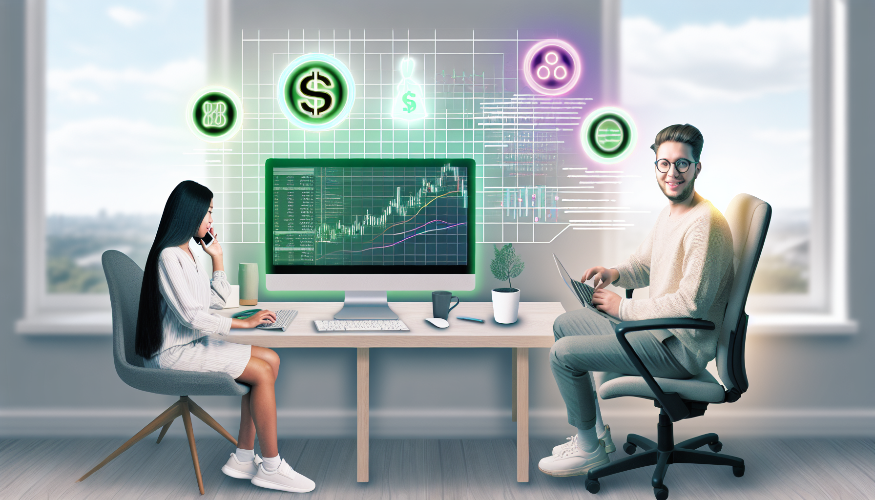 Ein Bild, das das Konzept des Geldverdienens online veranschaulicht. Zeigen Sie ein realistisches Büro-Setup mit einer vielfältigen Gruppe von Menschen, die an ihren Computern arbeiten. Erwägen Sie, eine asiatische Frau und einen kaukasischen Mann darzustellen, die beide konzentriert und begeistert auf ihre Bildschirme schauen. Der Bildschirm des Computers könnte Finanzdiagramme, Programmiercodes oder eine kreative Designplattform widerspiegeln, um verschiedene Möglichkeiten des Online-Einkommens zu demonstrieren. Es könnten digitale Währungssymbole umher schweben, um Einnahmen im Internet zu symbolisieren. Fügen Sie auch Elemente wie einen bequemen Stuhl, eine Schreibtischlampe, eine Kaffeetasse und vielleicht eine Topfpflanze hinzu, um eine angenehme Arbeitsumgebung zu schaffen.