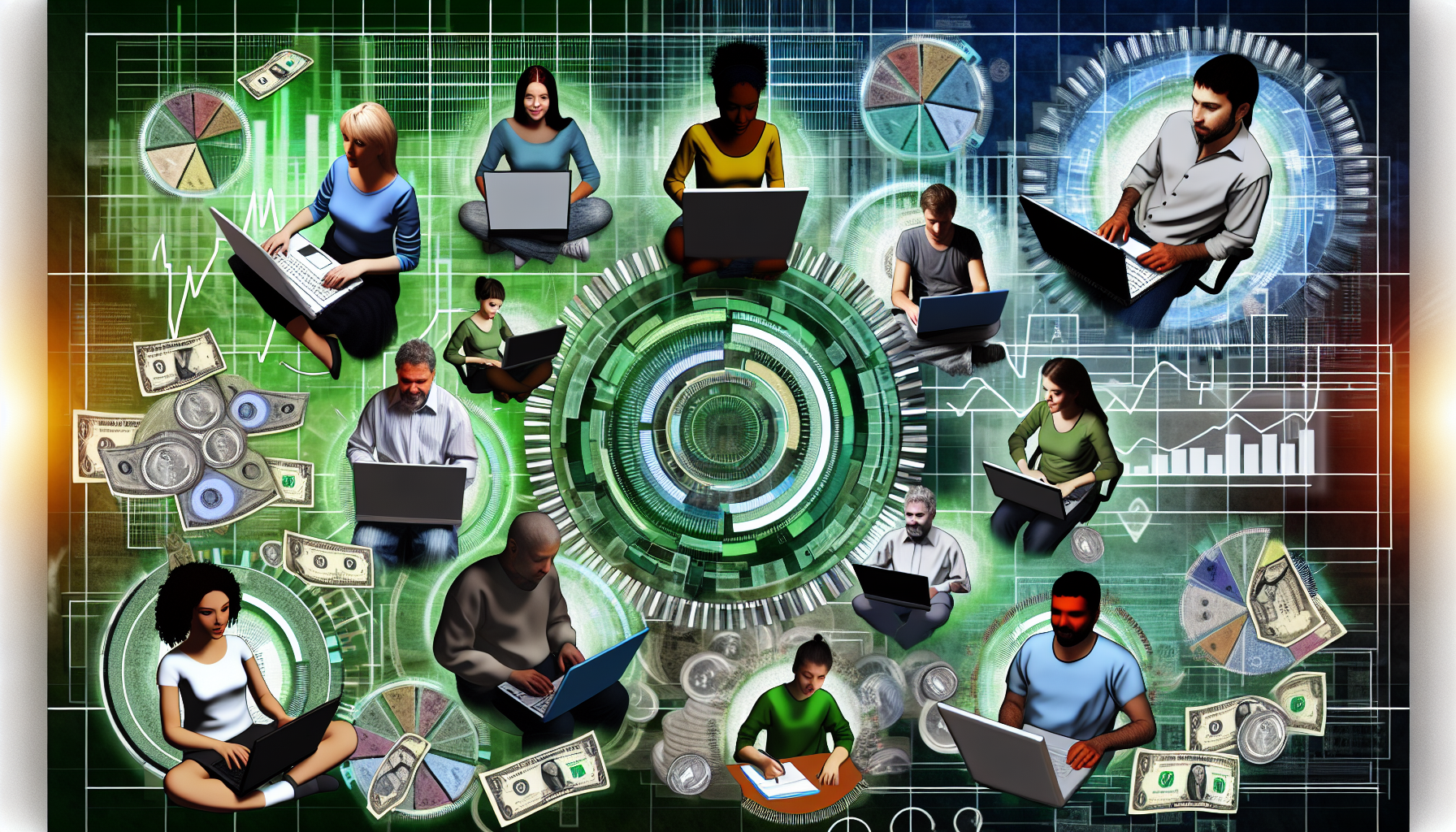 Stellen Sie sich ein konzeptionelles Bild des Online-Geldverdienens vor. Visualisieren Sie eine Vielfalt von Individuen, die jeweils in einem einzigartigen Arbeitsbereich mit ihren Laptops beschäftigt sind. Die Bildschirme zeigen Diagramme, Zahlen und verschiedene Währungen. Eine Reihe von Online-Aktivitäten sollte dargestellt werden: Eine kaukasische Frau, die einen Blog schreibt, ein südasianischer Mann, der programmiert, eine hispanische Frau, die digitale Kunst erstellt, ein schwarzer Mann, der Produkte online verkauft, eine mittelöstliche Frau, die Online-Nachhilfe gibt, und ein weißer Mann, der ein Online-Seminar leitet. Verwenden Sie eine Farbpalette aus Grün-, Blau-, Gold- und Silbertönen sowie futuristische Elemente, um die digitale Natur der Aktivitäten zu verdeutlichen.
