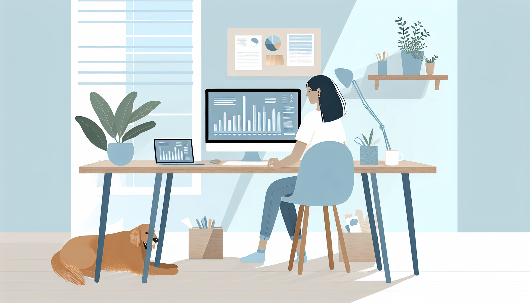 Illustration einer kaukasischen Frau, die an einem Holztisch in einem skandinavischen minimalistischen Homeoffice sitzt. Sie ist konzentriert auf ihre Computerbildschirme, die Balkendiagramme und andere analytische Charts zeigen. Auf dem Tisch stehen eine hellblaue Kaffeetasse, Schreibwaren und eine Topfpflanze. Ein Golden Retriever liegt zu ihren Füßen, und Sonnenlicht strömt durch ein großes Fenster hinter ihr. Eine Bildunterschrift am unteren Rand des Bildes lautet 'Geld online verdienen'. Das Bild vermittelt ein Gefühl von friedlicher Produktivität.
