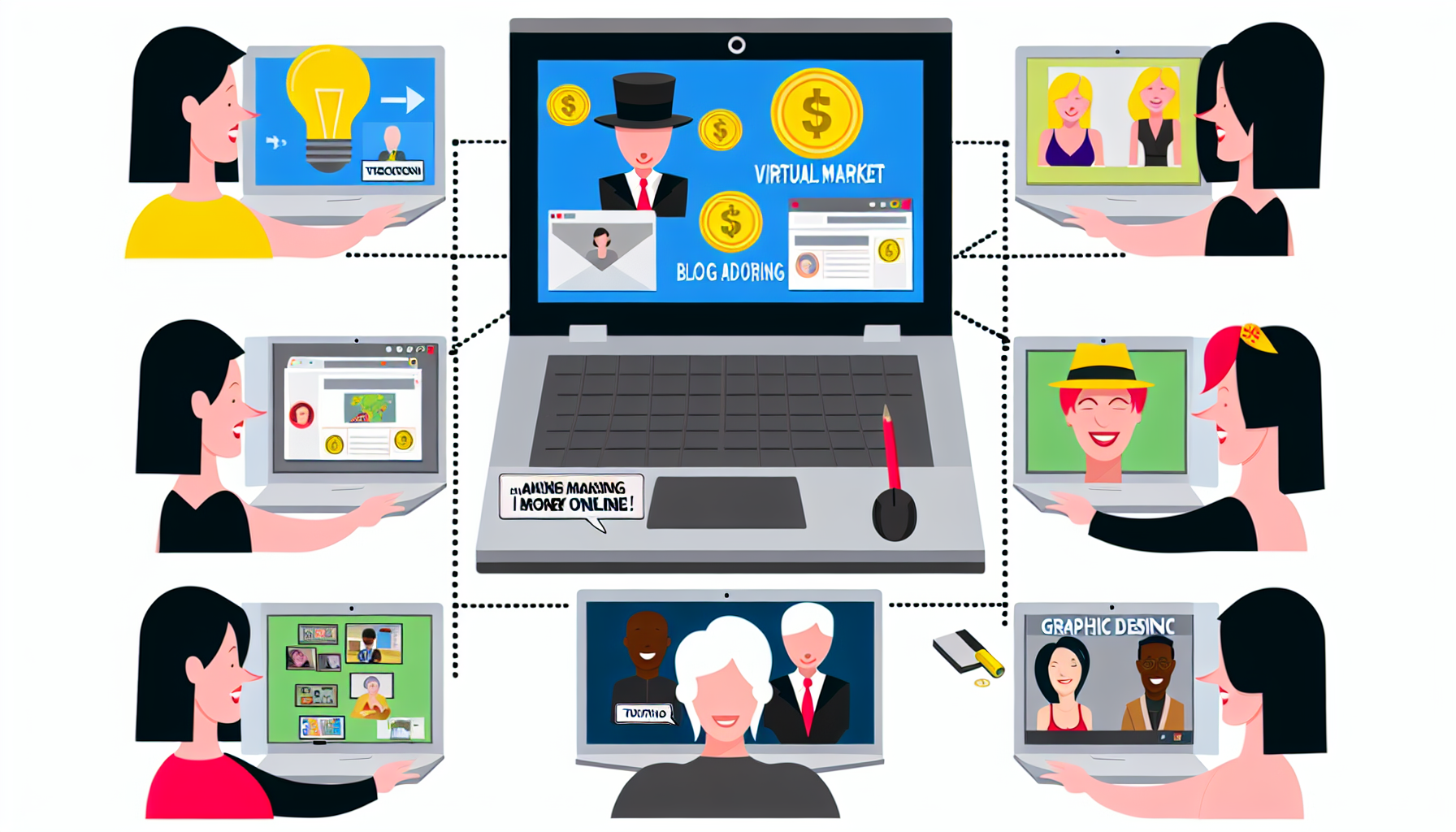 Illustration verschiedener Methoden, um online Geld zu verdienen. Zeigen Sie einen Laptop mit verschiedenen geÃ¶ffneten Fenstern, die jeweils eine einzigartige MÃ¶glichkeit darstellen, online Geld zu verdienen. Ein Fenster kann einen virtuellen Markt anzeigen, ein anderes einen Blog mit Werbung, ein drittes eine Videokonferenz, die Online-Nachhilfe symbolisiert, ein weiteres zeigt Grafikdesign und mehr. Denken Sie daran, dass verschiedene Menschen unterschiedlicher Herkunft und Geschlechter den Laptop benutzen, um die Vielfalt der Online-Arbeiter darzustellen.