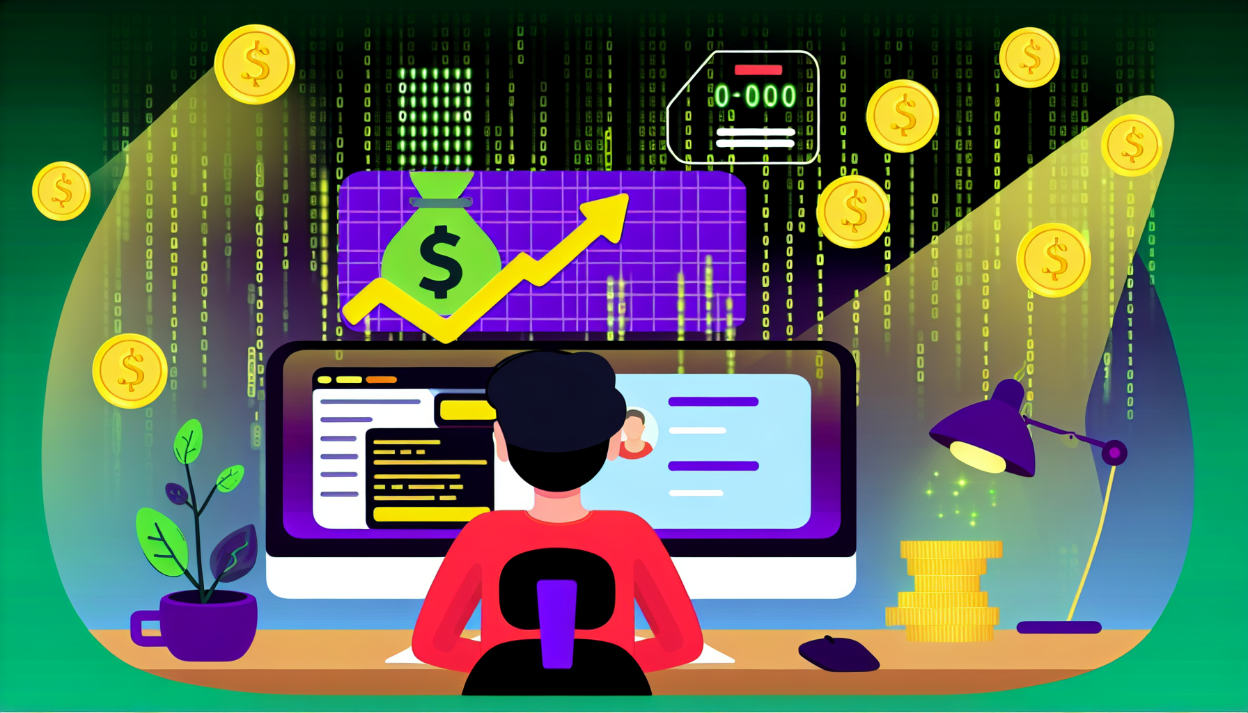 Eine digitale Illustration, die das Konzept des Geldverdienens online zeigt. Das Bild enth&Atilde;&curren;lt Elemente wie einen Desktop-Computer, eine Person (einen asiatischen Mann), der vor dem Computer sitzt und darauf programmiert, eine Fortschrittsanzeige, die steigende Finanzen zeigt, und einen Hintergrund aus Bin&Atilde;&curren;rcode. Auf dem Schreibtisch befinden sich auch Gegenst&Atilde;&curren;nde wie eine Kaffeetasse und eine Schreibtischlampe. Digitale M&Atilde;&frac14;nzen fallen vom Computerbildschirm, was die Online-Einnahmen symbolisiert. Das Farbschema ist lebhaft, mit Akzenten in Gr&Atilde;&frac14;n, um Wachstum und Wohlstand anzuzeigen.