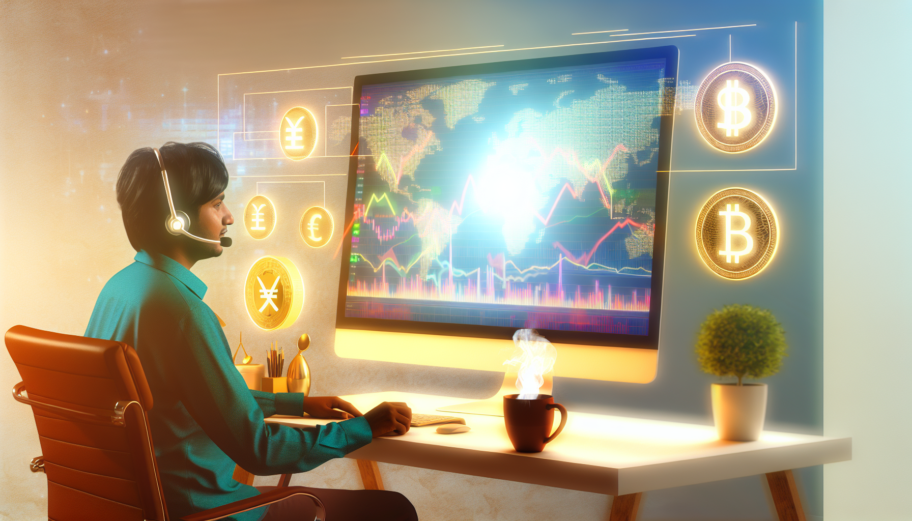 Ein Bild, das Online-Geldverdienenschemata und -strategien darstellt. Es zeigt ein minimalistisches Home-Office-Setup mit einem großen Monitor, der Diagramme, Grafiken und andere Finanzdaten anzeigt. Neben dem Monitor steht eine Kaffeetasse, aus der Dampf aufsteigt. Auf dem Bildschirm sind auch Symbole verschiedener globaler Währungen wie Dollar, Euro, Yen und Bitcoin zu sehen. Eine Person südasiatischer Abstammung mit einem konzentrierten Ausdruck sitzt davor, trägt ein türkisfarbenes Hemd und Kopfhörer und verwaltet die Abläufe. In der Ecke des Raumes sorgt eine Pflanze für einen Hauch von Grün. Ein goldenes Licht von einer Lampe beleuchtet die Szene und schafft eine gemütliche Atmosphäre.