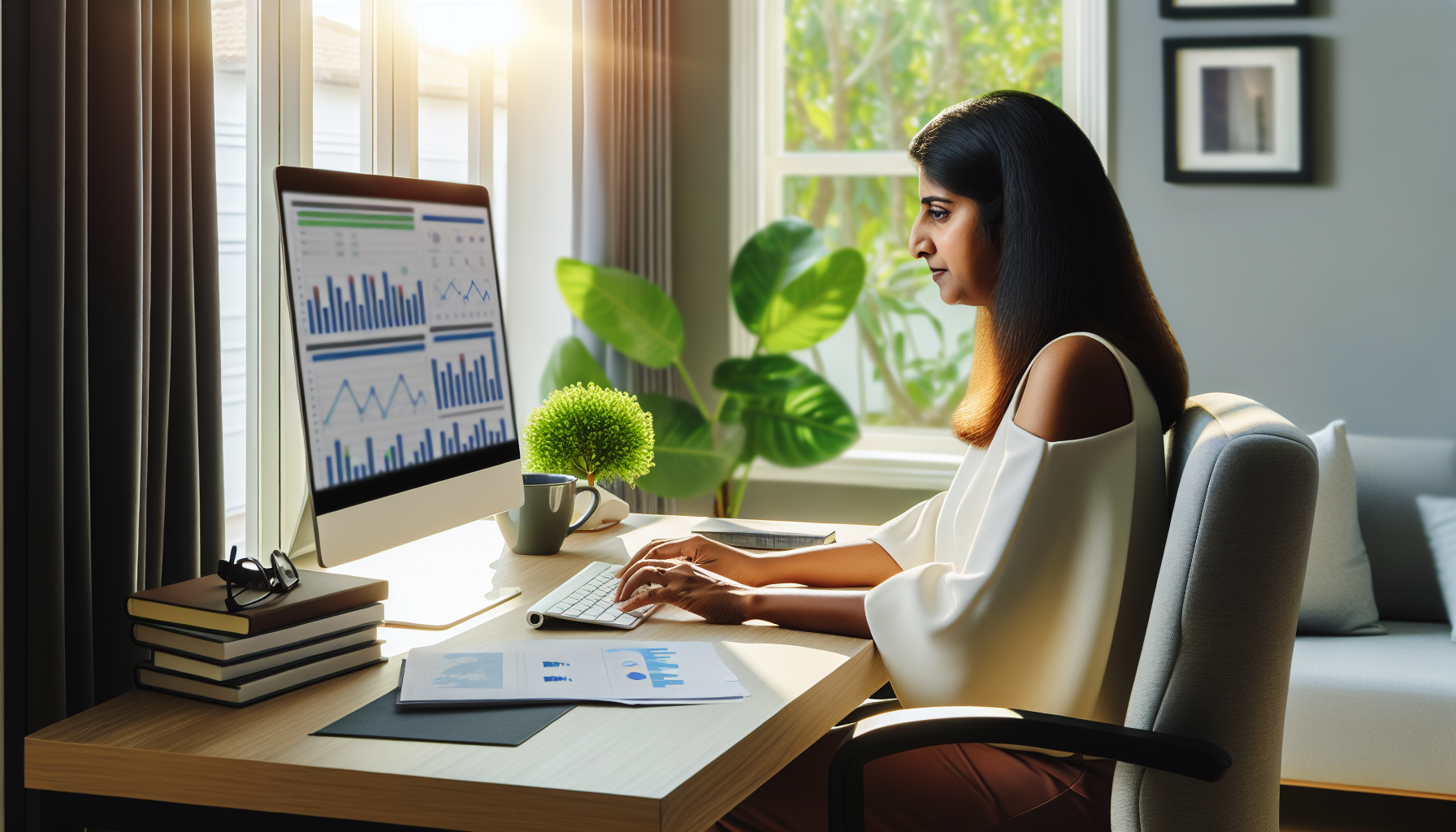 Bild einer südasianischen Frau, die an einem modernen Schreibtisch in ihrem Homeoffice sitzt. Sie ist konzentriert und tippt auf einer Tastatur, während auf ihrem Computerbildschirm verschiedene Diagramme und Grafiken zu sehen sind, die ein Online-Einkommen symbolisieren. Der Raum hat ein helles Fenster, durch das die Sonne scheint, und im Hintergrund steht eine üppige grüne Pflanze, die eine ruhige Atmosphäre schafft. Auf ihrem Schreibtisch, neben dem Computer, stehen Kaffee und einige Finanzbücher. Überall sind Zeichen von Organisation und Arbeitsethik zu sehen, die das Konzept des Geldverdienens online repräsentieren.