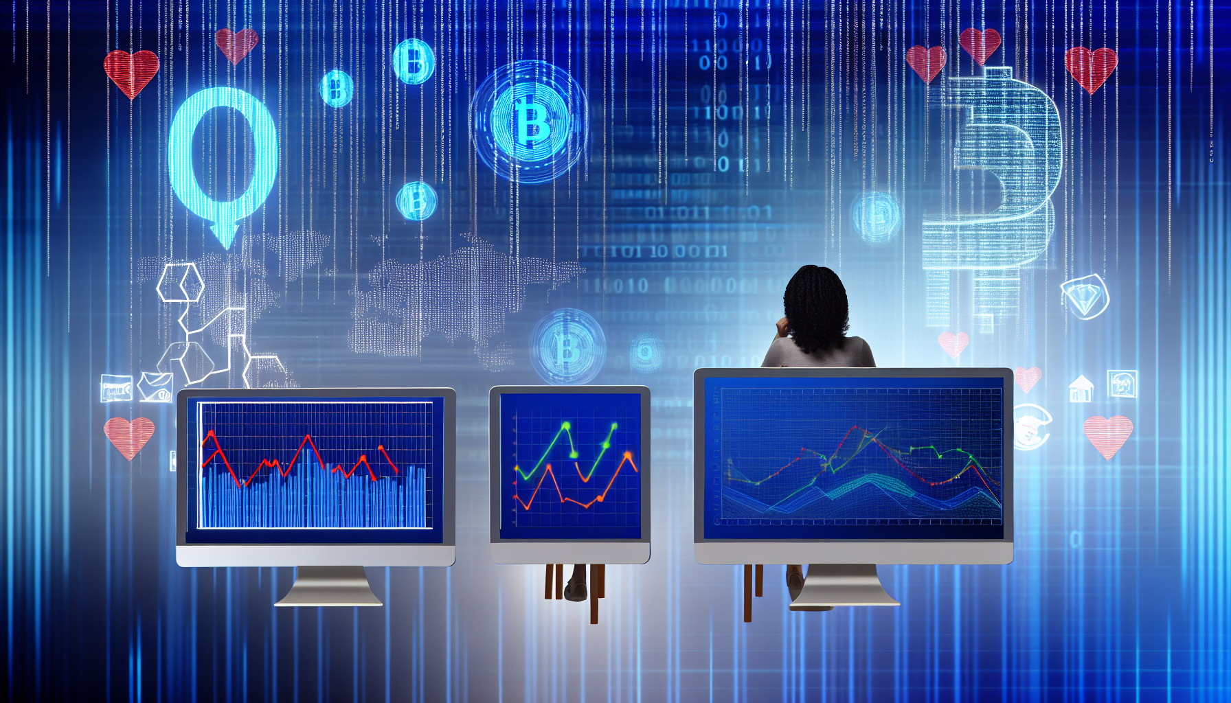 Eine Darstellung des Konzepts des Geldverdienens im Internet. Stellen Sie sich ein modernes Computer-Setup mit zwei Monitoren vor, die verschiedene Diagramme und Grafiken anzeigen, die Fortschritt und Gewinn anzeigen. Neben diesem Setup sollten mehrere andere Symbole für Online-Geschäfte wie E-Commerce, digitales Marketing und Kryptowährung hinzugefügt werden. Der Hintergrund besteht aus binärem Code, der nach unten fließt und die digitale Natur der Szene repräsentiert. Außerdem sitzt eine Figur vor dem Setup, eine hispanische Frau mit Brille, die tief konzentriert und fleißig arbeitet und den Geist einer Online-Unternehmerin verkörpert.