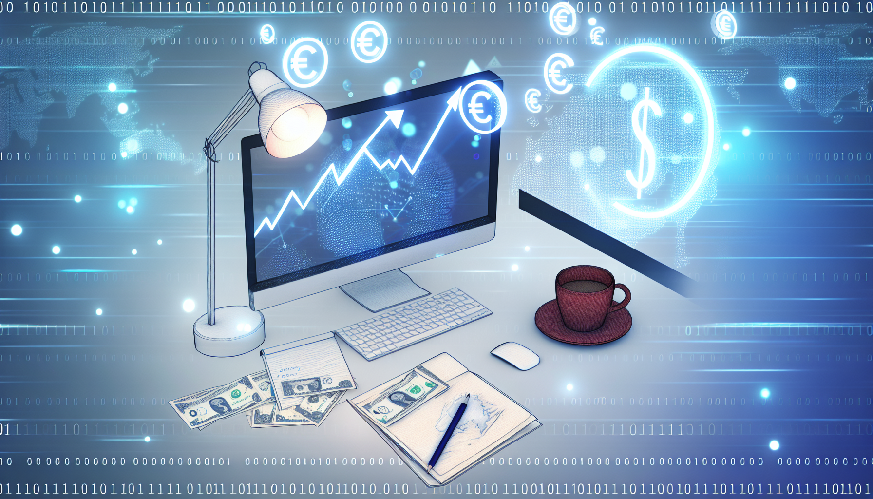 Eine illustrierte Ansicht eines Online-Arbeitsplatzes, der das Verdienen von Geld über das Internet symbolisiert. Der Arbeitsplatz umfasst einen ordentlichen Schreibtisch mit einem Computer, einer Kaffeetasse, einigen Notizen und einer Lampe. Der Computerbildschirm zeigt Grafiken und Diagramme, die Wachstum darstellen. Über dieser Szene schweben digitale Geldsymbole, die verschiedene Währungen wie Dollar, Euro, Pfund und Yen zeigen. Im Hintergrund wirbeln einige schwache Binärcodes, um die digitale Welt darzustellen.