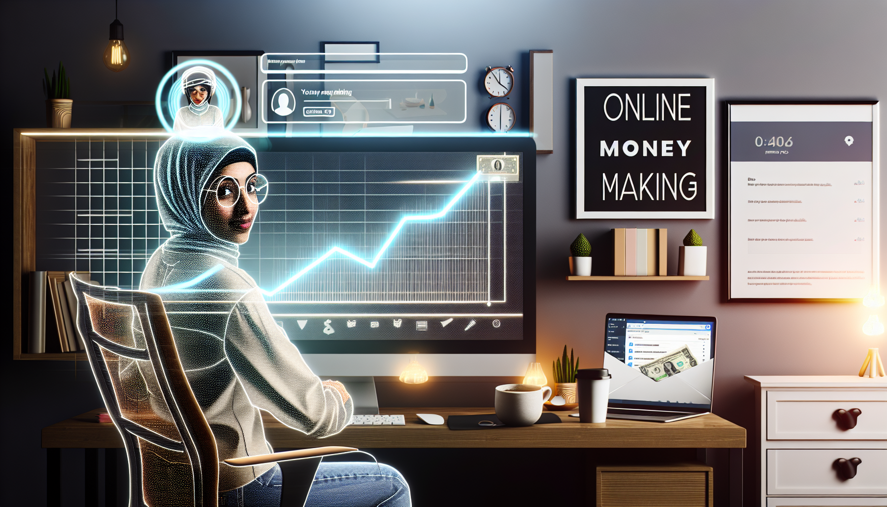 Ein detailliertes Bild eines Computerarbeitsplatzes in einem Homeoffice, auf dem ein digitaler Bildschirm ein Liniendiagramm mit Gewinnsteigerungen zeigt. Eine Person mit mittlerer orientalischer Abstammung sitzt am Schreibtisch und sieht zufrieden aus. Sie trägt legere Kleidung und hält eine Tasse Kaffee in der Hand. An der Seite hängt ein gerahmtes, motivierendes Zitat mit der Aufschrift „Online Geld verdienen“. Gleichzeitig erscheint eine offene E-Mail mit einer Benachrichtigung über einen eingehenden Zahlungseingang. Der Raum hat eine gemütliche Beleuchtung, die eine ruhige Atmosphäre schafft. Die Wände sind mit Bücherregalen geschmückt, und auf dem Schreibtisch befinden sich typische Bürogadgets.