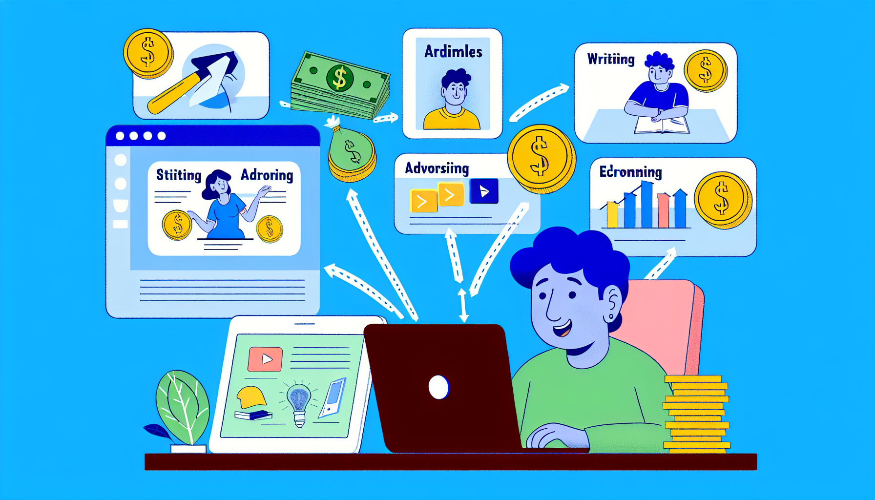 Eine Illustration verschiedener Möglichkeiten, online Geld zu verdienen. Zeigen Sie einen Computerbildschirm mit verschiedenen Symbolen, die unterschiedliche Einkommensströme darstellen, wie das Schreiben von Artikeln, Streaming, Werbung, Online-Handel und E-Commerce. Zusätzlich sollten visuelle Darstellungen von Geld, das vom Bildschirm zu einer zufriedenen Person fließt, die an einem Laptop arbeitet, das Konzept des Geldverdienens durch diese Online-Aktivitäten verdeutlichen. Die arbeitende Person sollte ein südasianischer Mann sein, um die Vielfalt in der Homeoffice-Kultur zu betonen. Halten Sie die Farbpalette hell und ermutigend, um die positiven Aspekte des Online-Einkommens widerzuspiegeln.