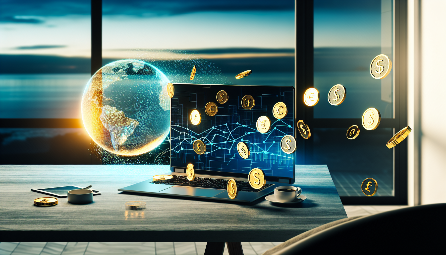 Konzeptionelle Darstellung des Online-Geldverdienens. Ein moderner Laptop, der geöffnet ist und komplexe Diagramme und Grafiken zeigt, die digitale Finanzen symbolisieren, steht auf einem Tisch in einem Homeoffice. Über dem Laptop schwebt eine leuchtende Weltkugel, die globale Vernetzung symbolisierend. Um sie herum regnen eine Vielzahl kleiner digitaler Münzen auf den Tisch, von denen jede ein anderes Symbol einer realen Währung widerspiegelt - Dollar, Euro, Pfund, Yen und andere. Der Raum ist gut beleuchtet, mit einem bequemen Stuhl vor dem Tisch und einer dampfenden Tasse Kaffee in der Nähe des Laptops. Im Hintergrund zeigt das Fenster einen ruhigen Dämmerungshimmel.