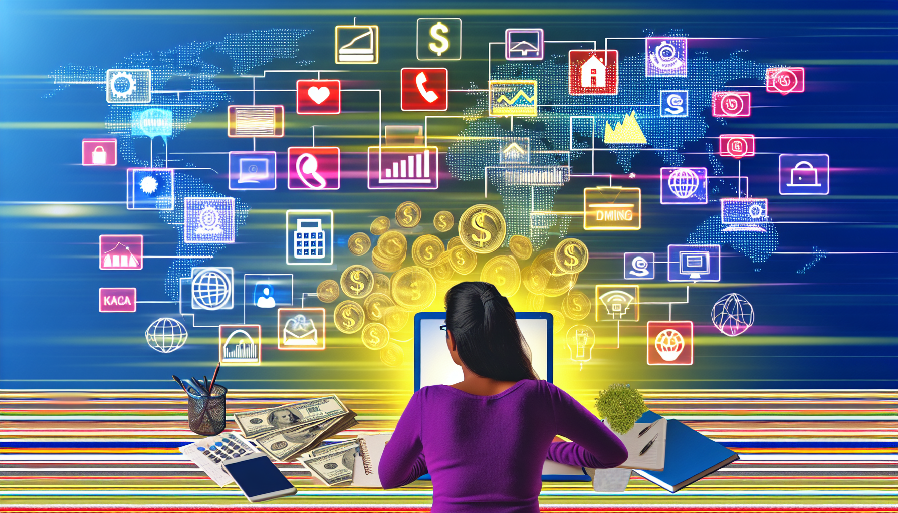 Eine Konzeptillustration zum Thema Online-Geldverdienen. Darauf ist eine Person sÃ¼dasiatischer Abstammung zu sehen, die an einem Computer sitzt, auf dessen Bildschirm verschiedene Grafiken und Zahlen den finanziellen Fortschritt anzeigen. Auf dem Schreibtisch liegen verschiedene GeschÃ¤ftswerkzeuge: ein Taschenrechner, ein Smartphone und Notizen. Rund um den Laptop sind digitale Icons, die Online-Ressourcen wie E-Commerce, Blogging, Massenmedien und digitales Marketing reprÃ¤sentieren. Sie surft im Internet und nutzt digitale Einnahmequellen. Das gesamte Bild ist mit hellen, lebendigen Farben gefÃ¼llt, die eine dynamische und ansprechende AtmosphÃ¤re schaffen.
