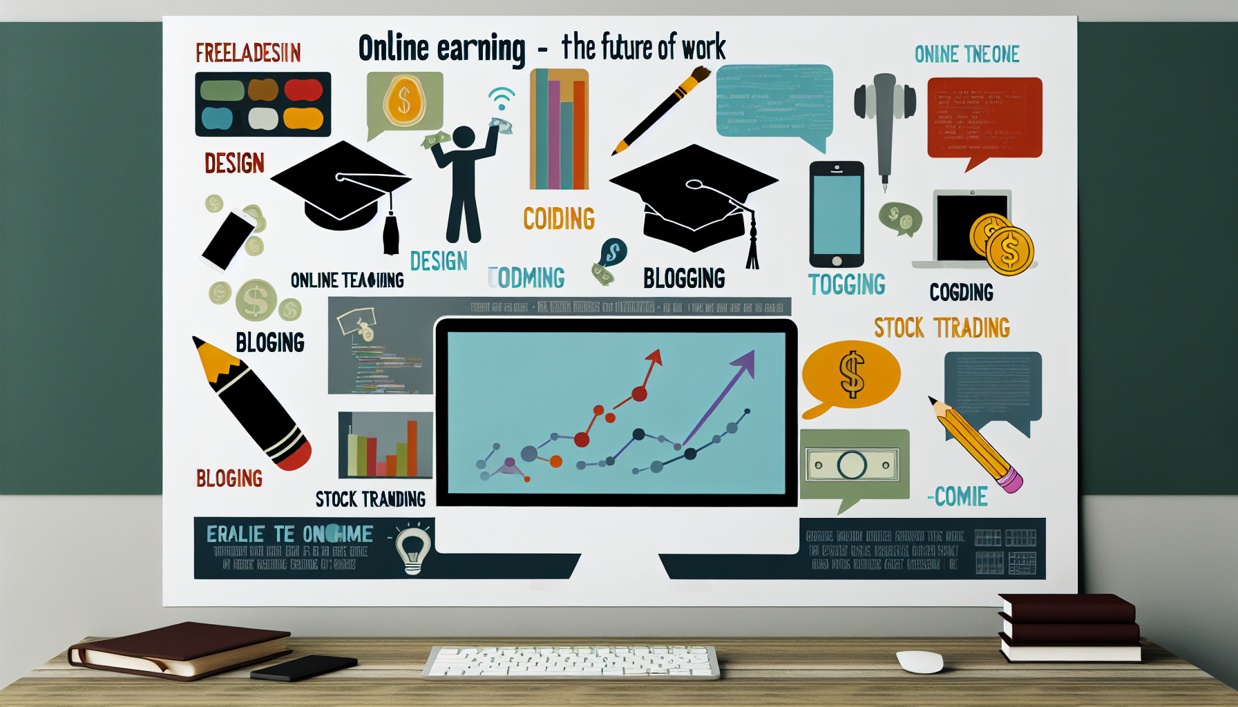 Stellen Sie sich ein informatives Plakat vor, das Möglichkeiten zur Geldverdienung online bewirbt. Im Zentrum befindet sich ein Computerbildschirm, der eine Vielzahl von digitalen Arbeitsmethoden zeigt, wie freiberufliches Design, Programmierung, Online-Unterricht oder Nachhilfe, Blogging, Aktienhandel und E-Commerce. Jede Methode wird durch ein Symbol dargestellt: einen Pinsel und eine Palette für Design, eine Codezeile für Programmierung, einen Abschlusshut für Online-Unterricht, einen Bleistift für Blogging, einen aufsteigenden Pfeil für Aktienhandel und einen Einkaufswagen für E-Commerce. Umgeben von Textblöcken, die Tipps und Strategien für jede Methode anbieten. Am unteren Rand steht in fetter Schrift der Slogan: 'Online Geldverdienen - Die Zukunft der Arbeit'.