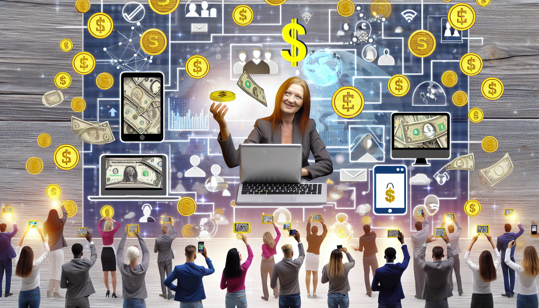Eine visuelle Darstellung des Konzepts, online Geld zu verdienen. Im Vordergrund interagiert eine vielfältige Gruppe von Menschen mit verschiedenen technischen Geräten wie Laptops, Desktop-Computern und Smartphones. Sie sind alle dabei, unterschiedliche Online-Operationen durchzuführen: Produkte auf einer E-Commerce-Plattform zu verkaufen, an Online-Umfragen teilzunehmen, Aktien zu handeln, freiberuflich zu arbeiten und Nachhilfe zu geben. Im Hintergrund füllen Symbole des Geldes, wie Währungen und Goldmünzen, die Bildschirme jedes Geräts und zeigen erfolgreiche Transaktionen und Einnahmen an. Dies verkörpert das Wesen einer digitalen, internetbasierten Wirtschaft.
