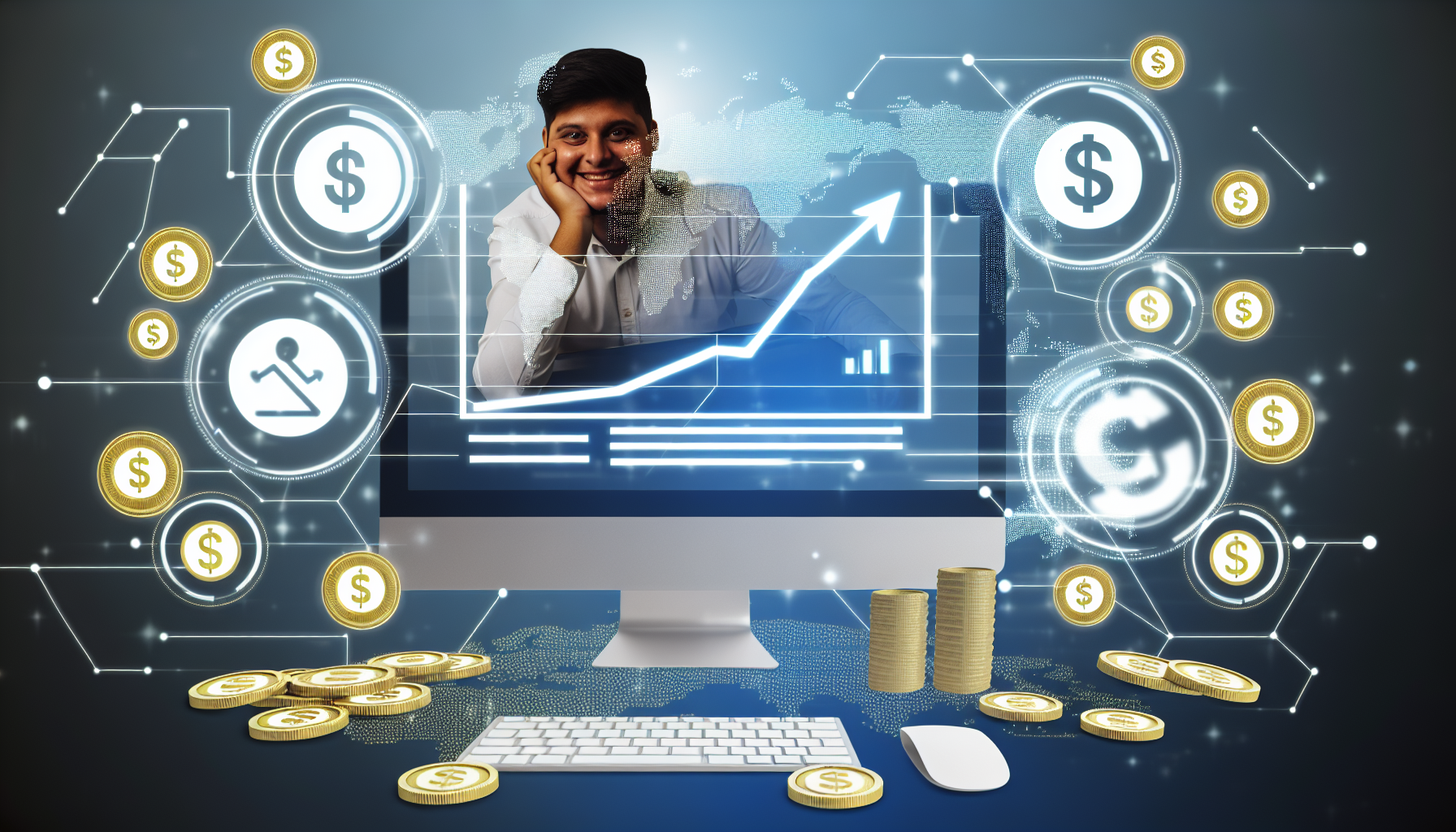 Ein Bild, das das Konzept des Geldverdienens online darstellt. Im Vordergrund ist ein Computerbildschirm zu sehen, der eine erfolgreiche E-Commerce-Website zeigt. Es gibt Grafiken, die einen positiven Wachstumstrend bei Verkäufen und Gewinnen darstellen. Der Bildschirm ist von symbolischen Elementen umgeben, wie Dollarzeichen und Münzen, die die Online-Einnahmen repräsentieren. Außerdem sitzt eine Person hispanischer Abstammung, ein Mann, am Schreibtisch mit einem zufriedenen Ausdruck im Gesicht, was die Idee eines erfolgreichen Online-Unternehmers unterstreicht.
