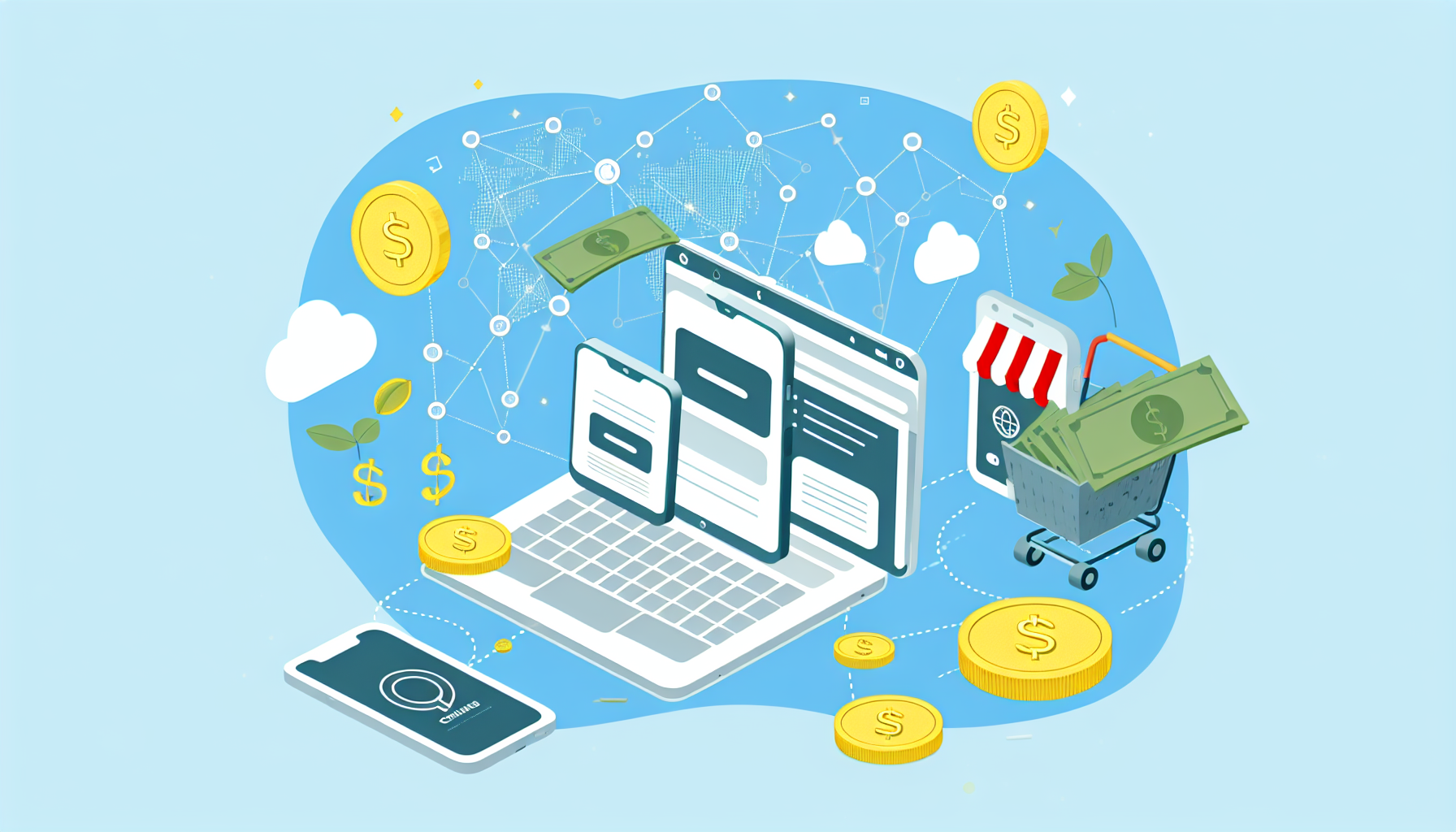 Eine Illustration einer Vielzahl von digitalen und Remote-ArbeitsmÃ¶glichkeiten, die genutzt werden kÃ¶nnen, um online Geld zu verdienen. Das Bild enthÃ¤lt Darstellungen eines Laptops, eines Smartphones und eines Symbols fÃ¼r einen Online-Shop, die verschiedene MÃ¶glichkeiten reprÃ¤sentieren, online Geld zu verdienen, wie z.B. Freelancing, E-Commerce und App-Entwicklung. AuÃŸerdem gibt es eine Darstellung von MÃ¼nzen und Scheinen, die um diese GegenstÃ¤nde herabregnen, um Einkommen zu symbolisieren, sowie einen Globus, der die globale Reichweite solcher MÃ¶glichkeiten darstellt.