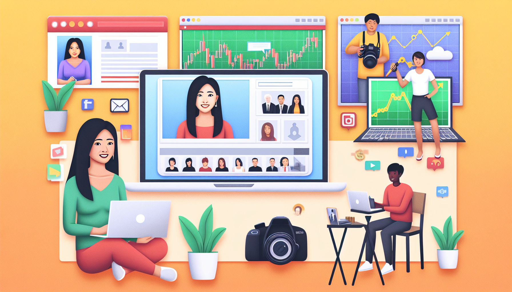 Eine Illustration, die verschiedene beliebte Möglichkeiten zeigt, online Geld zu verdienen. Dies kann einen modernen Arbeitsplatz darstellen, mit einem Laptop, der eine Website für freiberufliches Schreiben anzeigt, einem Bereich zur Seite für Fotografie, der eine Kamera und Bildbearbeitungswerkzeuge zeigt, einem Fenster auf dem Bildschirm, das den Aktienhandel demonstriert, und einer Ecke für Online-Unterricht mit einem virtuellen Whiteboard. Es sollten auch verschiedene Icons dargestellt werden, die soziale Medien und E-Commerce repräsentieren. Um Vielfalt zu zeigen, sollten Menschen unterschiedlicher Rassen und Geschlechter dargestellt werden, die mit diesen Elementen interagieren – zum Beispiel eine asiatische weibliche freiberufliche Schriftstellerin, einen kaukasischen männlichen Aktienhändler, einen schwarzen männlichen Fotografen und eine hispanische weibliche Online-Tutorin.
