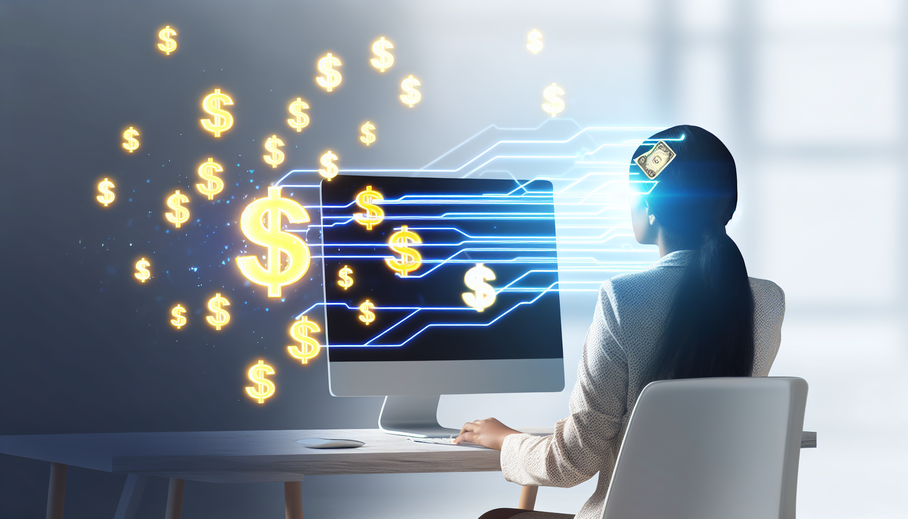 Eine visuelle Darstellung des Konzepts, online Geld zu verdienen. Die Szene könnte einen Computer zeigen, aus dessen Bildschirm verschiedene Währungssymbole herauskommen, um Online-Transaktionen darzustellen. Die Person, die den Computer benutzt, könnte einer beliebigen Ethnie angehören, zum Beispiel eine Frau aus dem Nahen Osten. Sie könnte an einem Schreibtisch in einem Homeoffice sitzen, konzentriert an ihrer Arbeit und mit dem Computer interagierend. Das Gesamtthema sollte professionell und wohlhabend wirken.