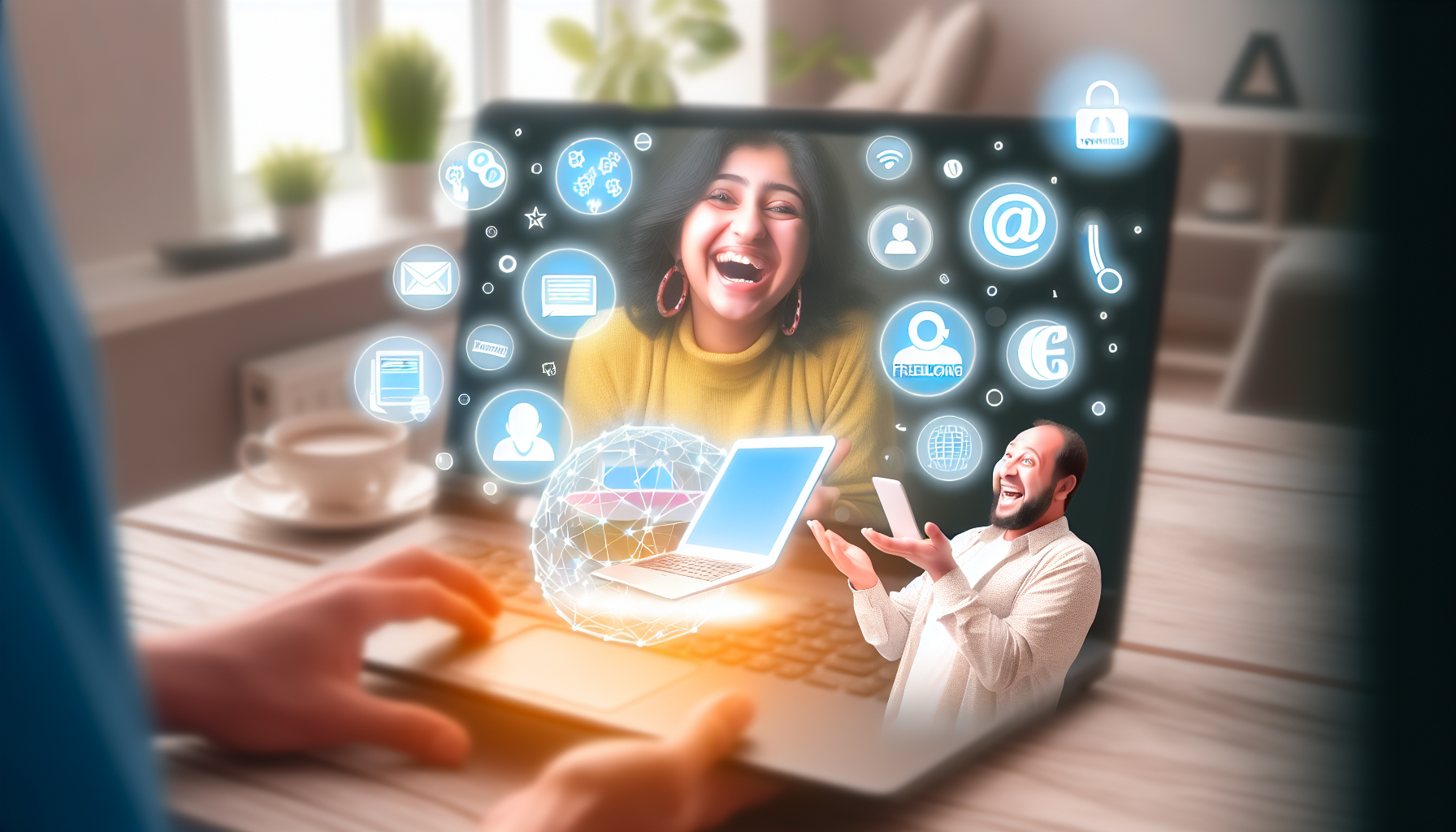 Eine Illustration verschiedener Online-Möglichkeiten, Geld zu verdienen. Das Bild zeigt einen Laptop mit verschiedenen Symbolen auf dem Bildschirm, die unterschiedliche Einkommensquellen im Internet darstellen, wie Freiberuflichkeit, Blogging, Affiliate-Marketing, Online-Nachhilfe und E-Commerce. In der Nähe arbeitet eine kaukasische Frau fröhlich an ihrem Laptop, während ein mittelöstlicher Mann beschäftigt ist, eine E-Commerce-Strategie am Telefon zu besprechen. Sanftes Innenlicht verstärkt die Szene und spiegelt das geschäftige Treiben des Online-Unternehmertums wider.