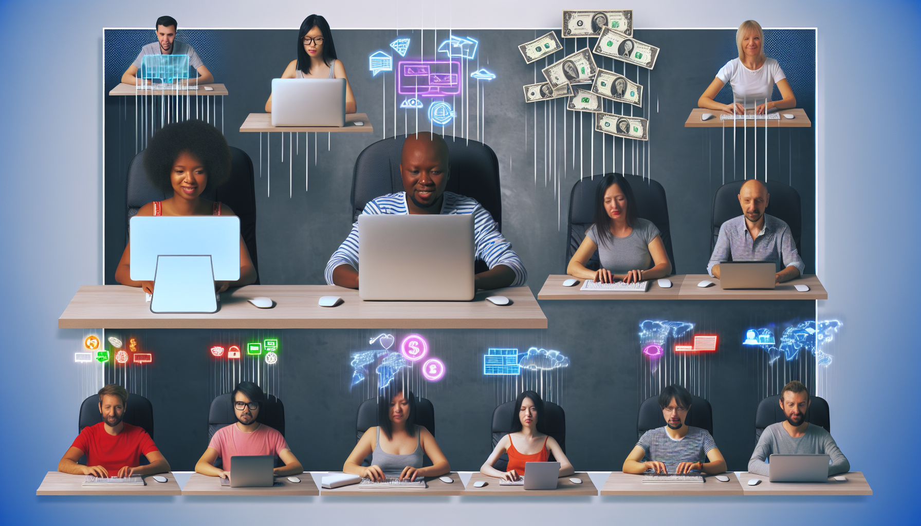 Ein Bild, das das Konzept des Geldverdienens online darstellt. Es zeigt eine Vielzahl von Menschen unterschiedlicher Abstammung, wie Asiaten, Afrikaner, Kaukasier und Hispanics, sowohl M&Atilde;&curren;nner als auch Frauen, die an ihren Arbeitspl&Atilde;&curren;tzen in ihren jeweiligen Wohnungen sitzen. Ihre H&Atilde;&curren;nde liegen auf den Tastaturen, w&Atilde;&curren;hrend ihre Augen konzentriert auf die Bildschirme gerichtet sind, die verschiedene Arten von virtueller Arbeit zeigen &acirc;€“ Schreiben, Grafikdesign, Programmierung, Online-Unterricht und Aktienhandel. Dar&Atilde;&frac14;ber hinaus visualisieren wir einen digitalen Regen aus verschiedenen internationalen W&Atilde;&curren;hrungen, der von diesen Bildschirmen in ihre digitalen Geldb&Atilde;&para;rsen flie&Atilde;Ÿt und so das Online-Einkommen symbolisiert.