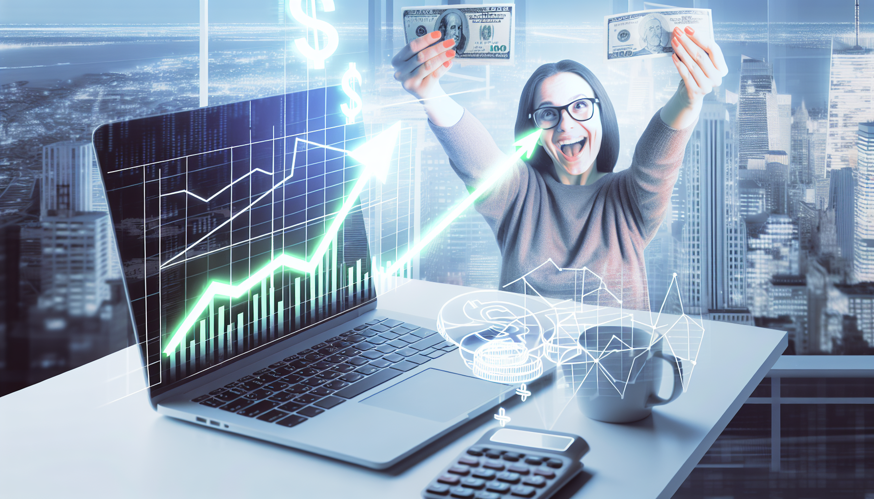 Eine konzeptionelle Darstellung des Geldverdienens online. Zeigen Sie einen offenen Laptop auf einem Schreibtisch, dessen Bildschirm ein nach oben tendierendes Diagramm zeigt, um finanzielles Wachstum zu symbolisieren. Neben dem Laptop steht eine kaukasische Frau, die einen Dollar-Schein hochhält, mit einem freudigen Ausdruck im Gesicht. Der Schreibtisch sollte auch Elemente wie einen Taschenrechner, eine Kaffeetasse und einige digitale Münzen, die Kryptowährung symbolisieren, enthalten. Im Hintergrund sind durch das Fenster schwach die Wolkenkratzer der Stadt sichtbar, was die schnelle und dynamische Natur von Online-Geschäften anzeigt.