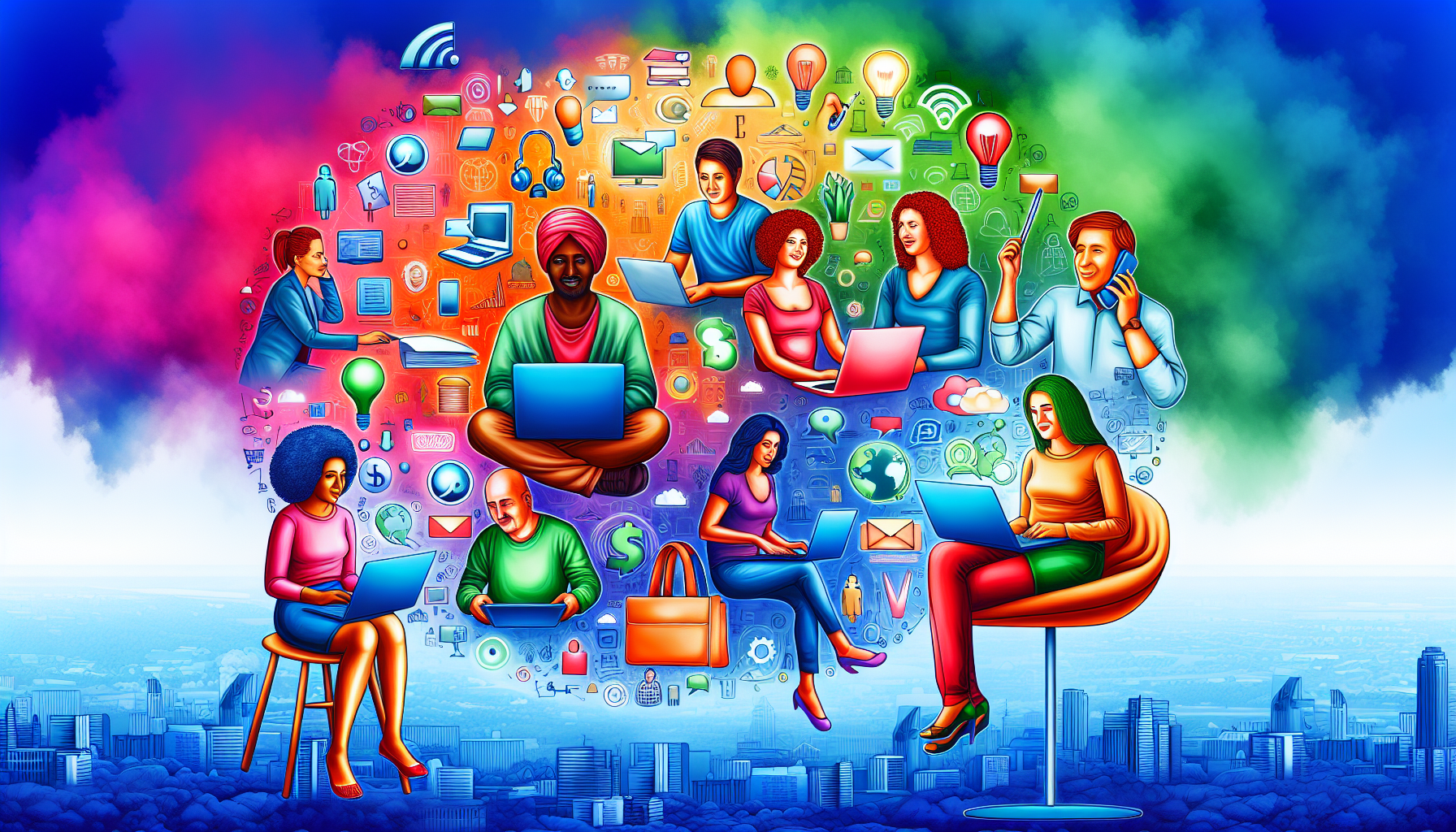Eine lebendige und detaillierte computerisierte Illustration, die verschiedene Online-Geldverdienm&Atilde;&para;glichkeiten zeigt. Sie umfasst einige Personen unterschiedlicher Herkunft, wie Kaukasier, Hispanics, Schwarze, Menschen aus dem Nahen Osten und S&Atilde;&frac14;dasien, die sich mit verschiedenen Aktivit&Atilde;&curren;ten besch&Atilde;&curren;ftigen, wie freiberuflichem Schreiben, Online-Umfragen, Grafikdesign und E-Commerce. Jede Person ist in ihre Arbeit vertieft, interagiert mit einem Laptop oder digitalen Ger&Atilde;&curren;t und ist umgeben von Symbolen und Icons, die das Internet, digitale Transaktionen, soziale Medien, E-Commerce und mehr repr&Atilde;&curren;sentieren. Der Hintergrund verschmilzt mit einer ruhigen Stadtsilhouette, die die globale Reichweite der Online-Arbeit symbolisiert.