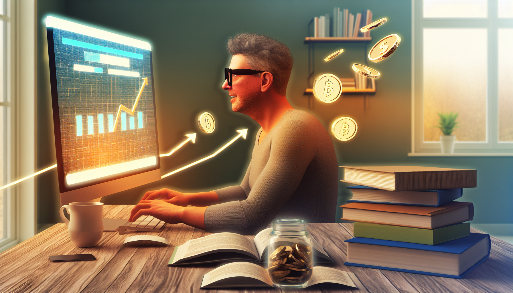 Eine konzeptionelle Illustration, die eine Online-Geldverdienenszene darstellt. Ein mittelalter Mann kaukasischer Abstammung mit Brille sitzt vor einem Computer und tippt auf der Tastatur. Der Bildschirm zeigt verschiedene Finanzdiagramme. Neben ihm steht eine Sammlung von Büchern über Unternehmertum, Wirtschaft und digitales Marketing. In einer symbolischen Darstellung seiner Online-Einnahmen fliegen digitale Münzen aus dem Computerbildschirm in ein Glasgefäß auf dem Schreibtisch. Der Raum strahlt eine heimelige Atmosphäre mit sanfter, warmer Beleuchtung aus. Der Gesichtsausdruck des Mannes vermittelt ein Gefühl von Zufriedenheit und Erfüllung.